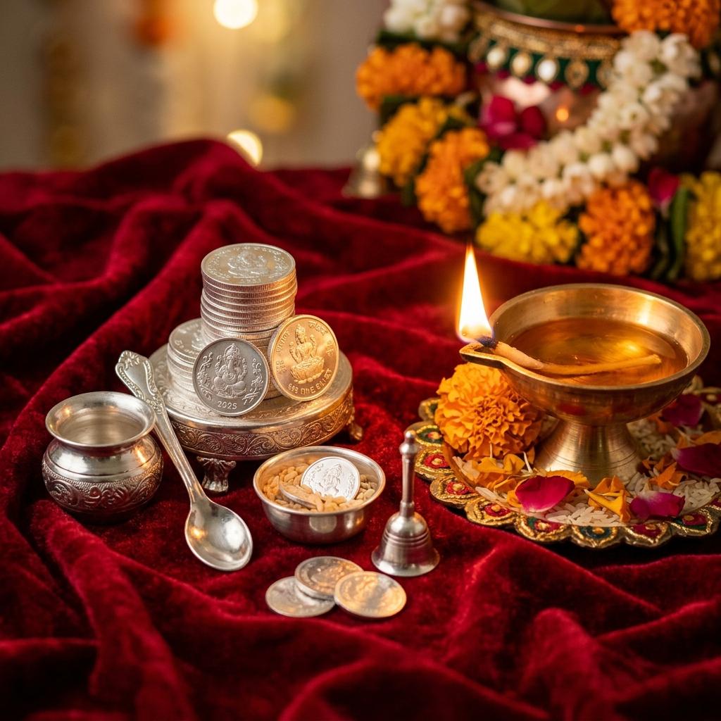Dhanteras Silver Coins & Utensils