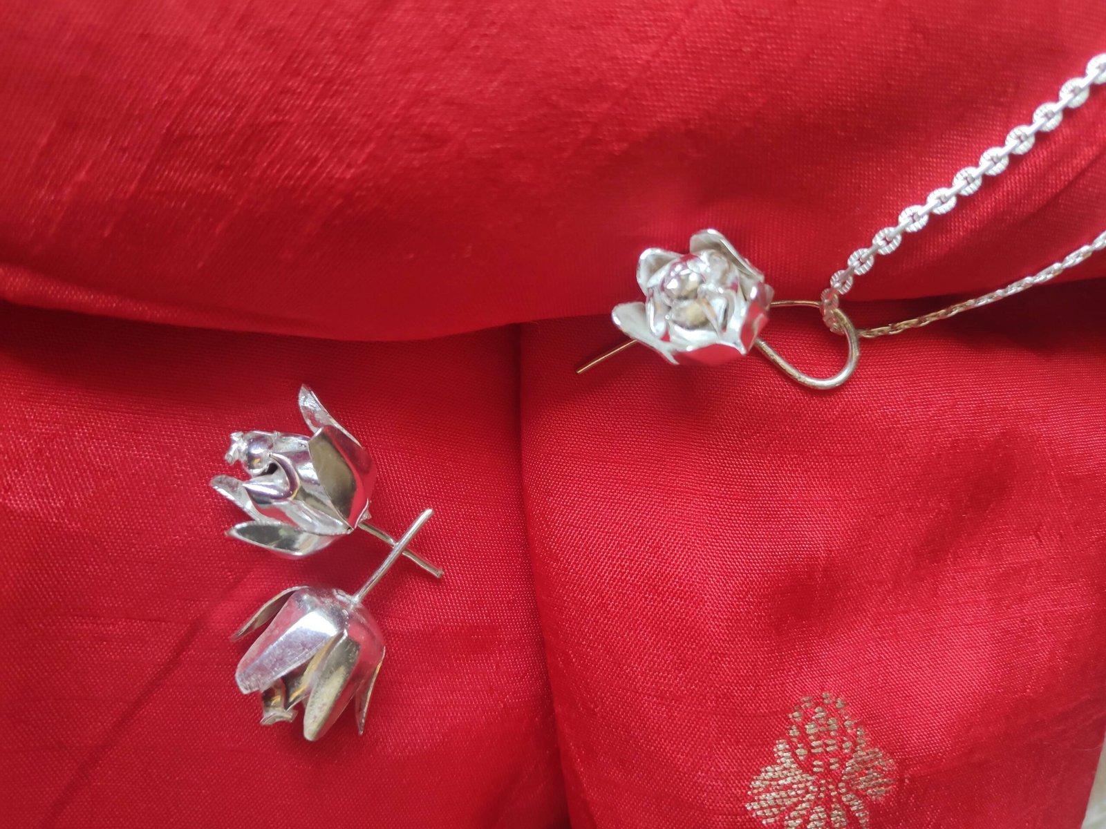 Blooming Flower Bud Pendant and Earrings Set